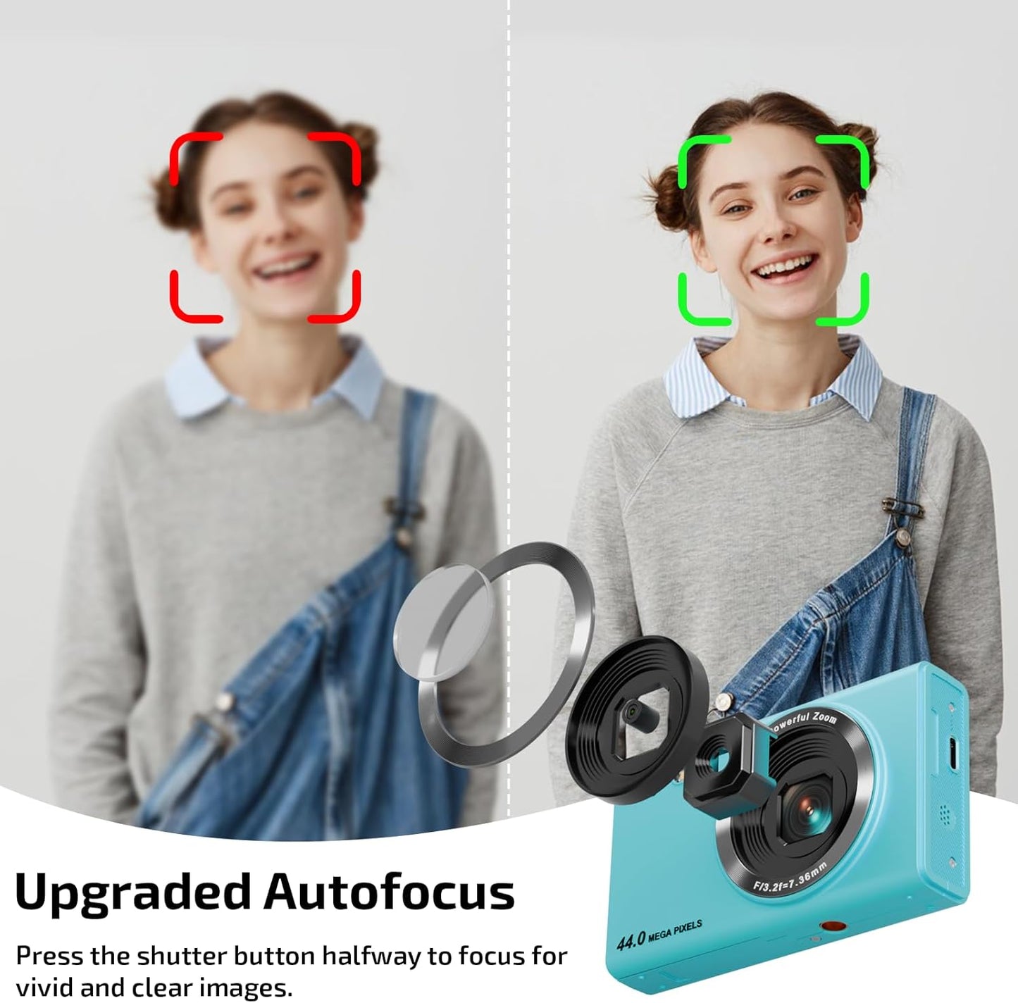 Upgrade Digital Camera, FHD 4K 44MP Autofocus Digital Point and Shoot YouTube Camera with 16X Zoom, 32GB SD Card, Compact Digital Camera Cheap for Teens Boys Girls Kids Blue Camera