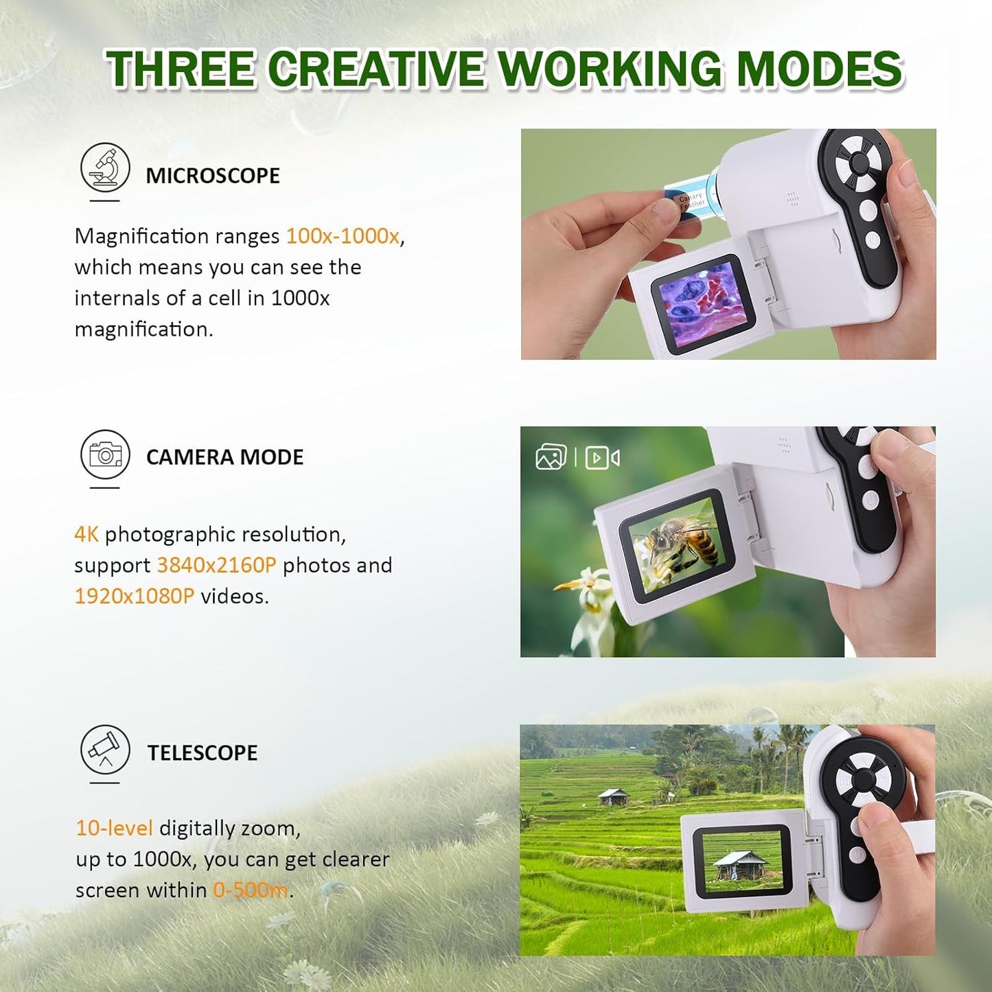 1000X Handheld Microscope for Kids, 4K 2.0" Screen Mini Pocket Microscope with 6 Adjustable LED Lights, Edu Science Birthday Gifts for Kids Ages 8-12, 32G SD Card Included