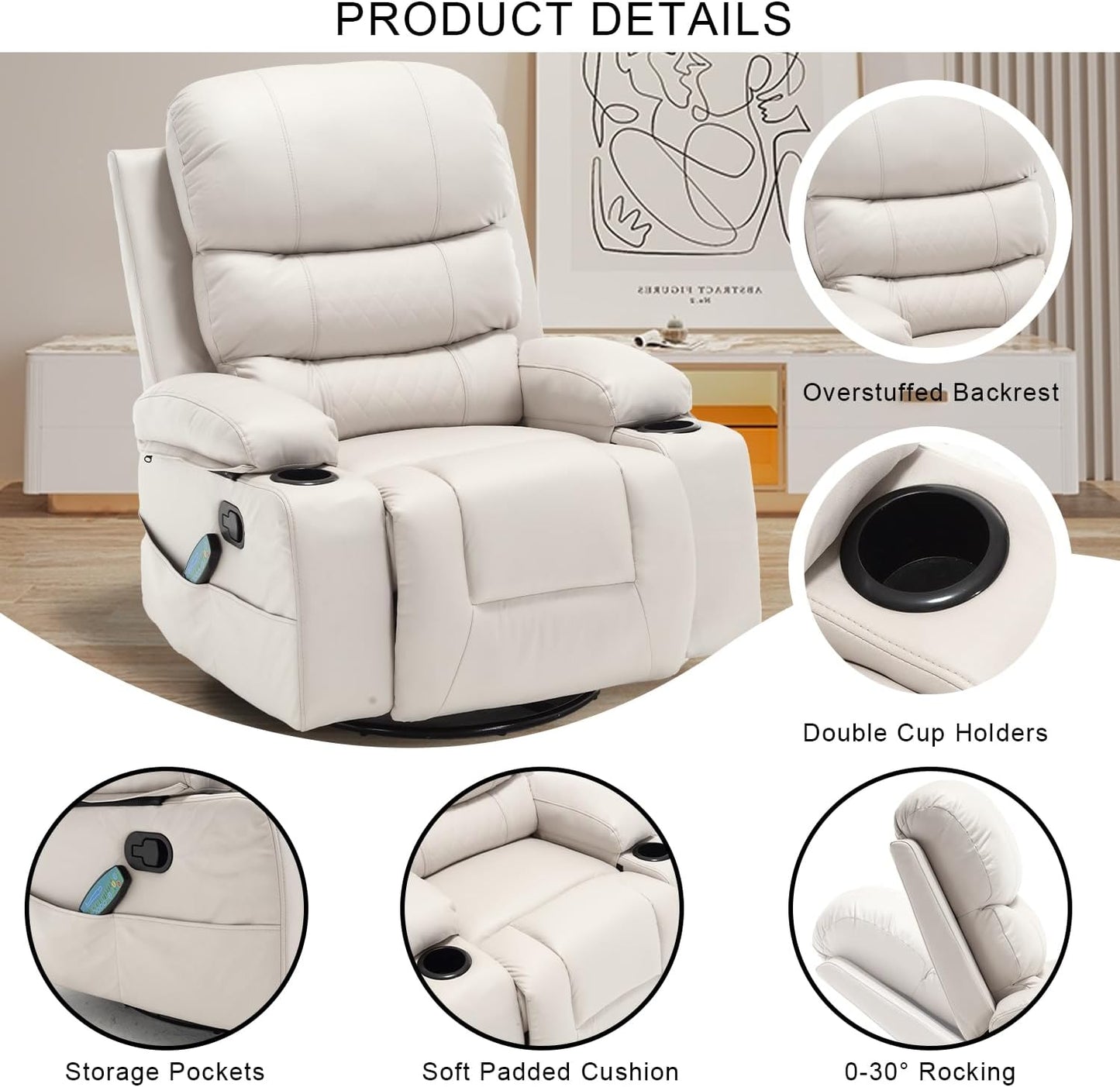 KCQ Massage Swivel Rocker Recliner Chairs with Heat Cup Holders Faux Leather Overstuffed Manual Reclining Chair Rocking Glider Chair for Adults, Beige