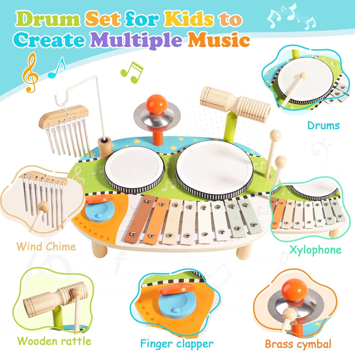 Kids Drum Set for Toddlers, Wooden Musical Instruments Baby Preschool Educational Musical Toys, Xylophone Wind Chime Kids Music Set Sensory Toys Birthday Gifts for Girls Boys