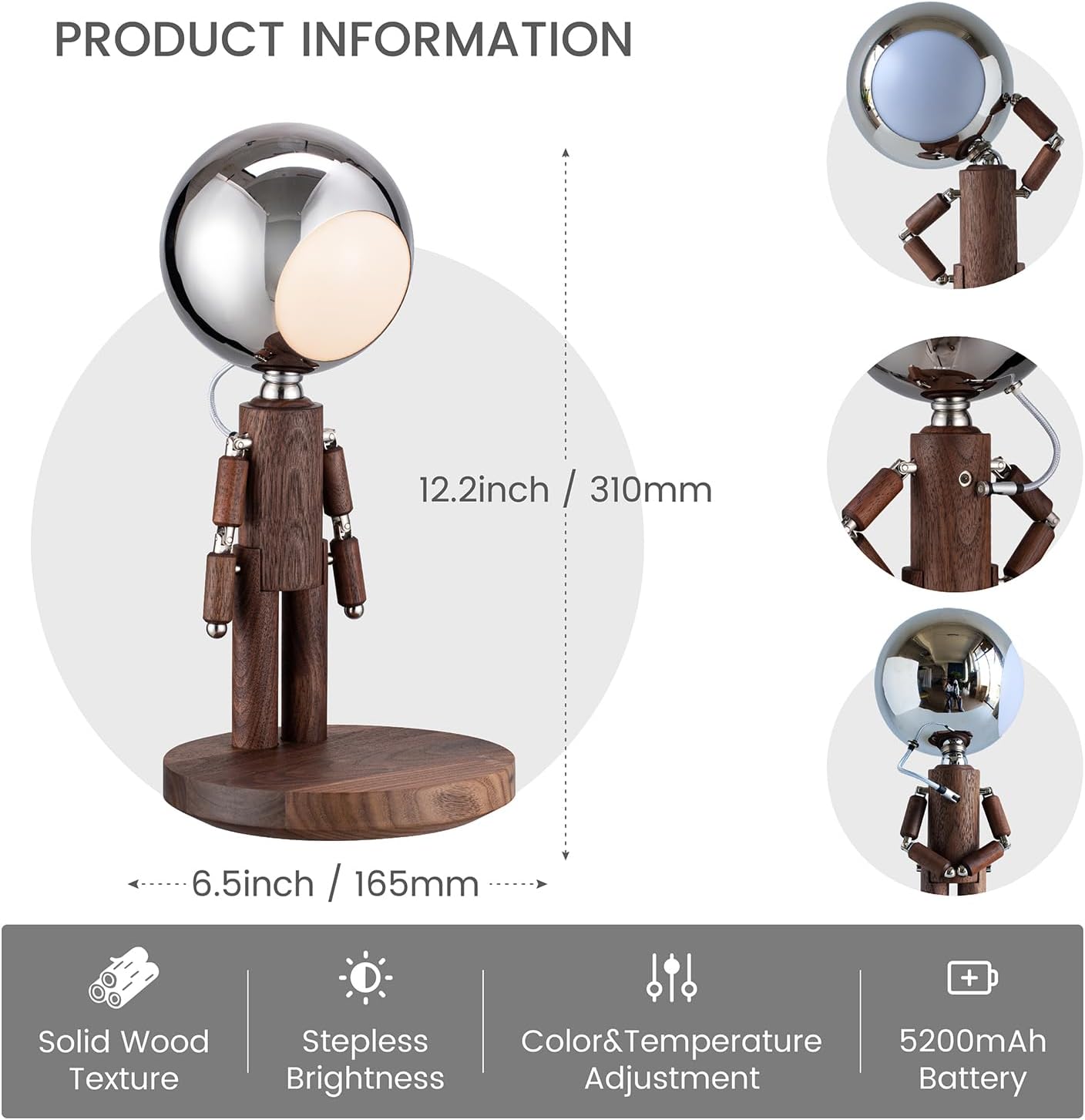Moon Lamp for Bedroom, 5200mAh Rechargeable Wooden Desk Lamp with Touch Control & Adjustable Brightness, Creative Cordless Lamp, Decorative Bedside Lighting for Living Room & Gift