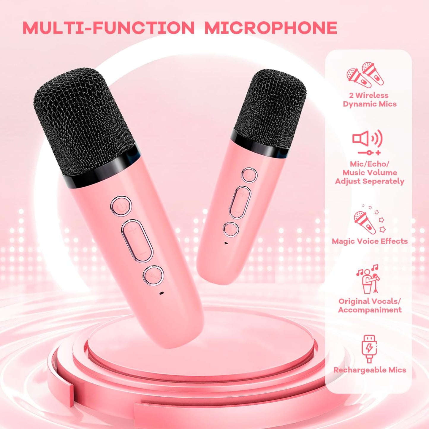 YLL Mini Karaoke Machine for Kids Adults, Portable Bluetooth Speaker with 2 Wireless Microphones, Most Popular Toys Birthday Gifts for Girls 4, 5, 6, 7, 8, 9, 10, 11, 12+ Years Old Toddler Teens（Rose）