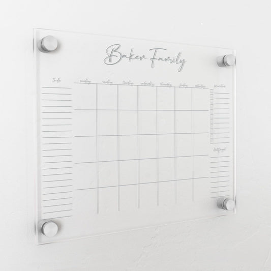 Personalized Clear Acrylic Calendar for Wall, Calendar Whiteboard for Wall, Dry Erase Wall Calendar, Wall Calendar Organizer System for Home (Cursive, Grey, 14"W x 11"H)