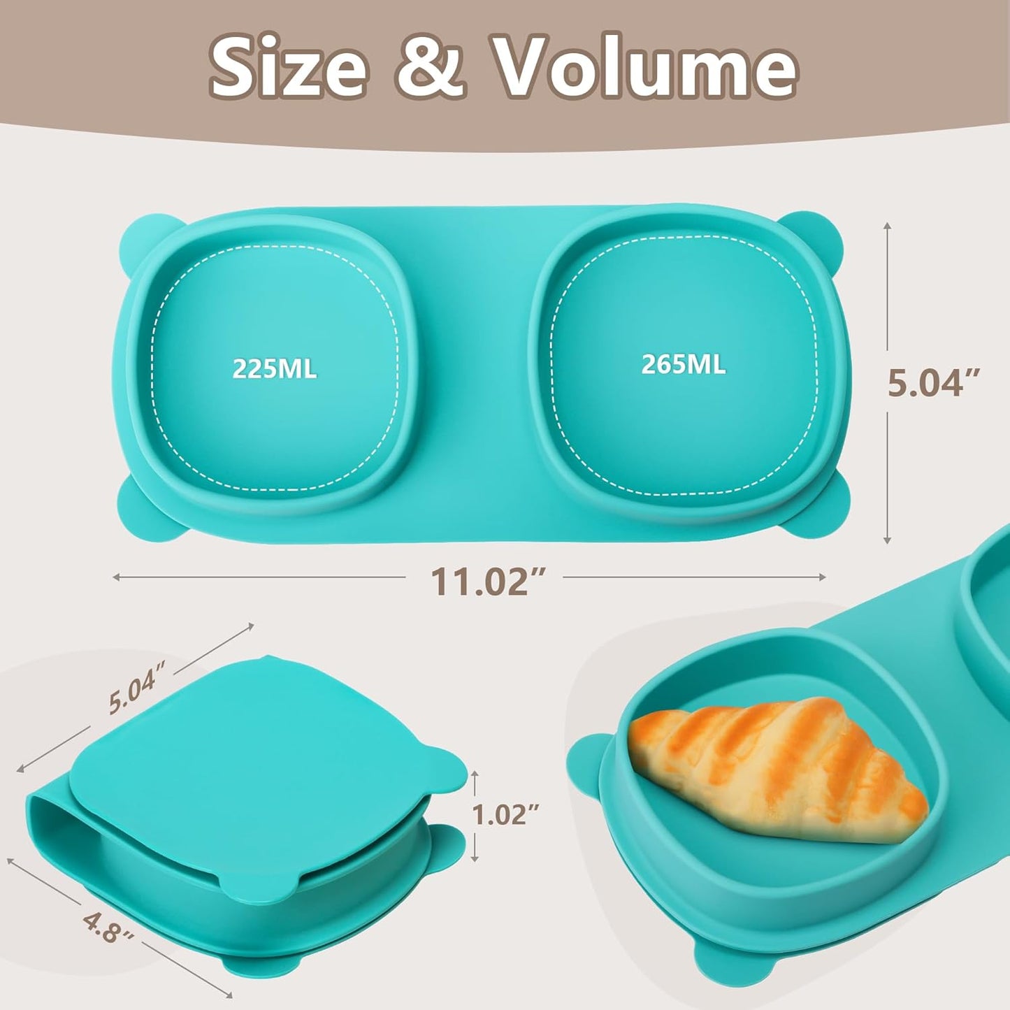 Silicone Foldable Novelty Dinner Plates,Suction Plates for Baby Travel Essential with Forks and Spoons,Microwave & Dishwasher Safe,Aqua