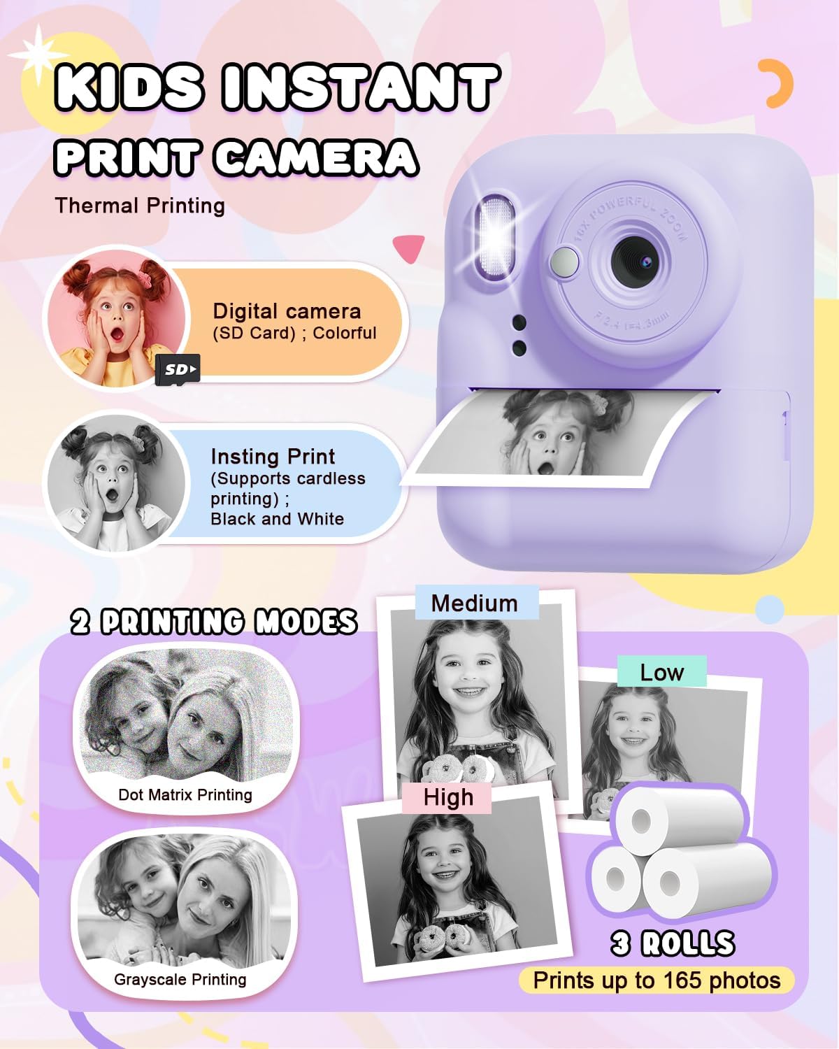 Kids Camera Instant Print, Upgrade Dual-Lens Selfie Digital Camera for Kids, Christmas Birthday Gifts Toys for Boys Girls Age 3-12, HD 1080P Toddler Portable Toy with SD Card 3 Rolls Print Paper