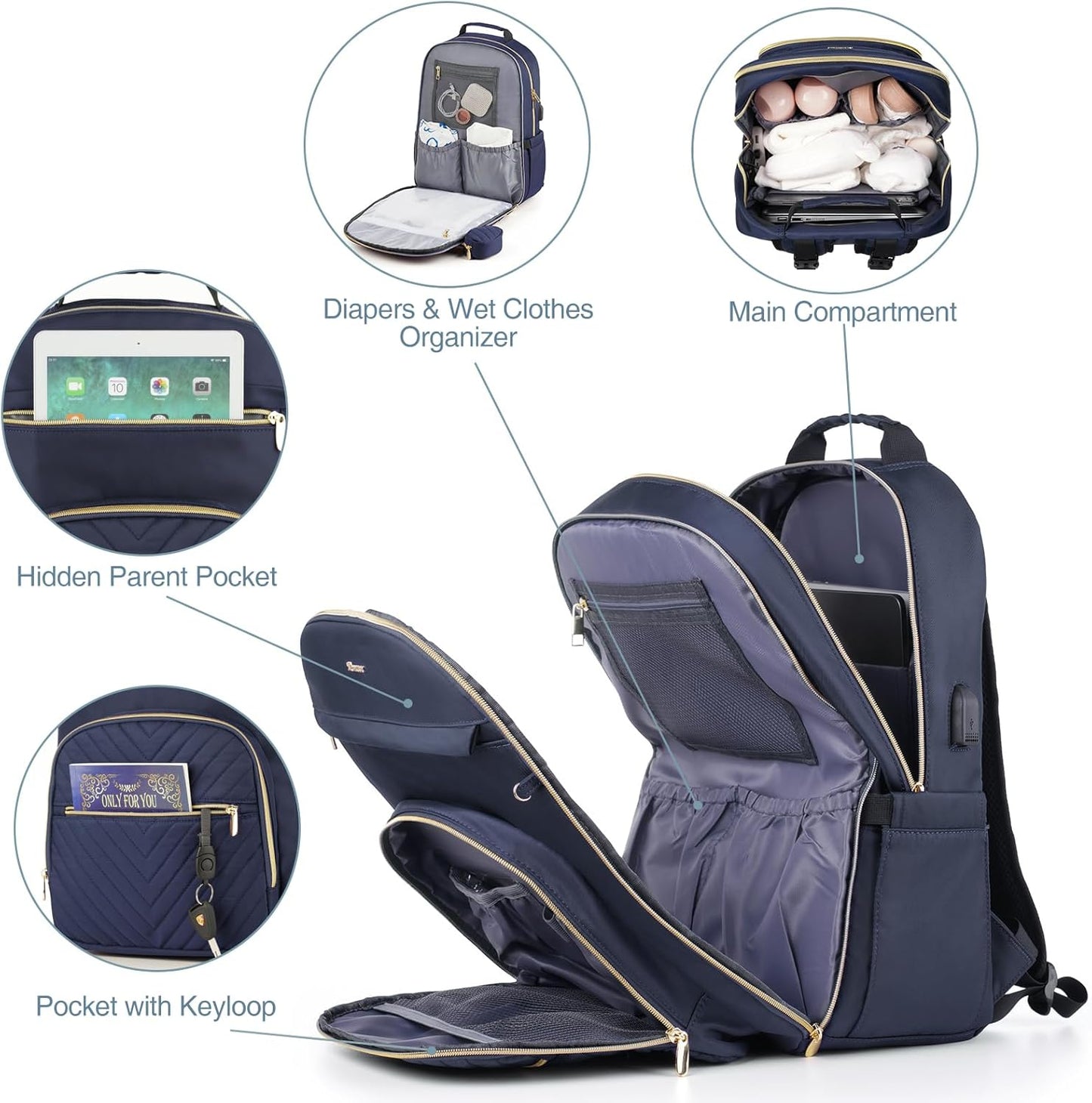 MOMUVO Diaper Bag Backpack, Quilted Baby Bag with Changing Pad & Stroller Straps & Pacifier Case, Large Travel Diaper Bags for Mom Dad, Blue