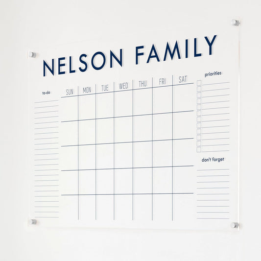Personalized Clear Acrylic Calendar for Wall, Calendar Whiteboard for Wall, Dry Erase Wall Calendar, Wall Calendar Organizer System for Home (Block, Navy, 38"W x 26"H)