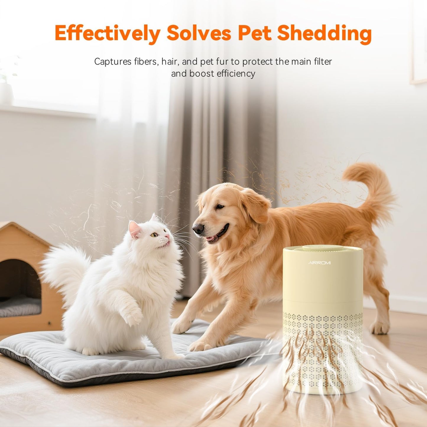 AIRROMI Air Purifier for Bedroom with HEPA Fet Filters, Pet Air Purifiers for Home Cat Pee Smell, Covers Up to 990Ft², Quiet 360° intake Air Cleaner for Allergies Dust Smoke Odor A2001 Yellow