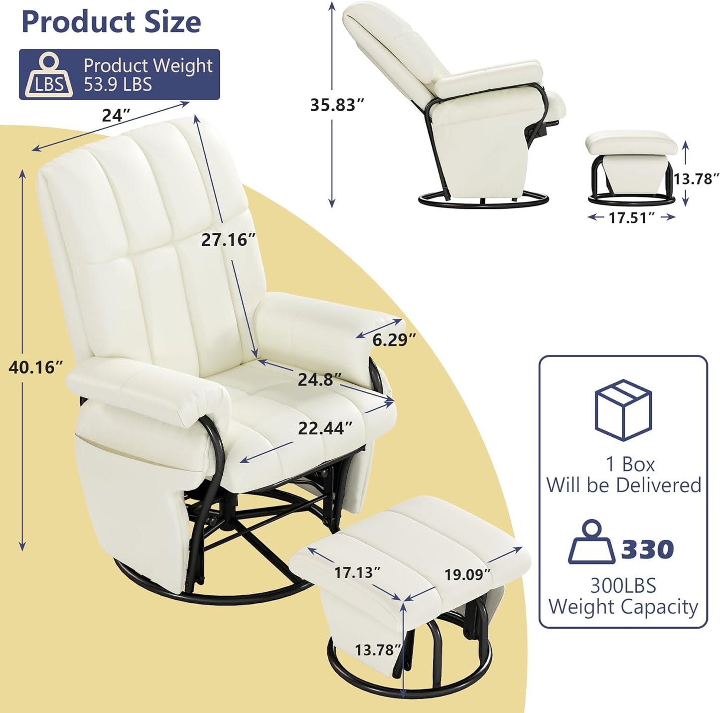 AODAILIHB Swivel Glider Recliner with Ottoman, 360 Rocking Chair with Foot Rest Recliner Chair Indoor Rocking Chair with Side Pockets Nursery Chairs for Living Room, Bedroom, Office (White)
