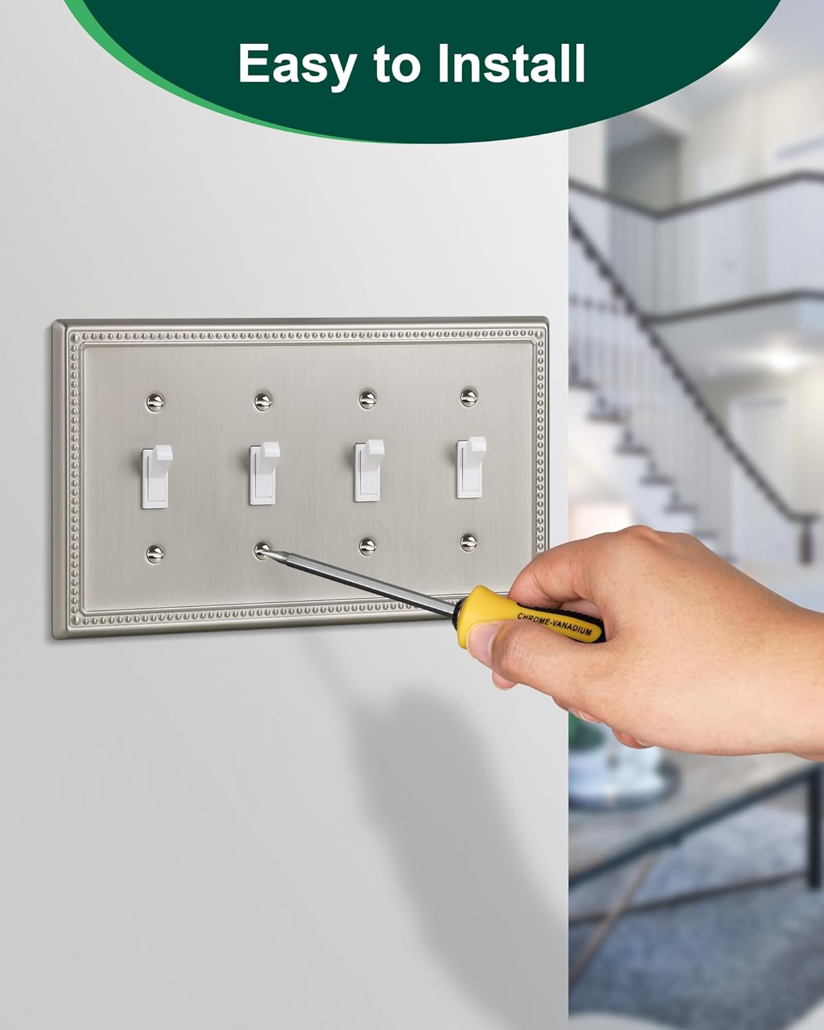 2-Pack Quad Toggle Light Switch Cover Plate, 4 Gang Metal Switch Plate Covers, Brushed Nickel Pearls Decorative Wall Plate, Corrosion Resistant