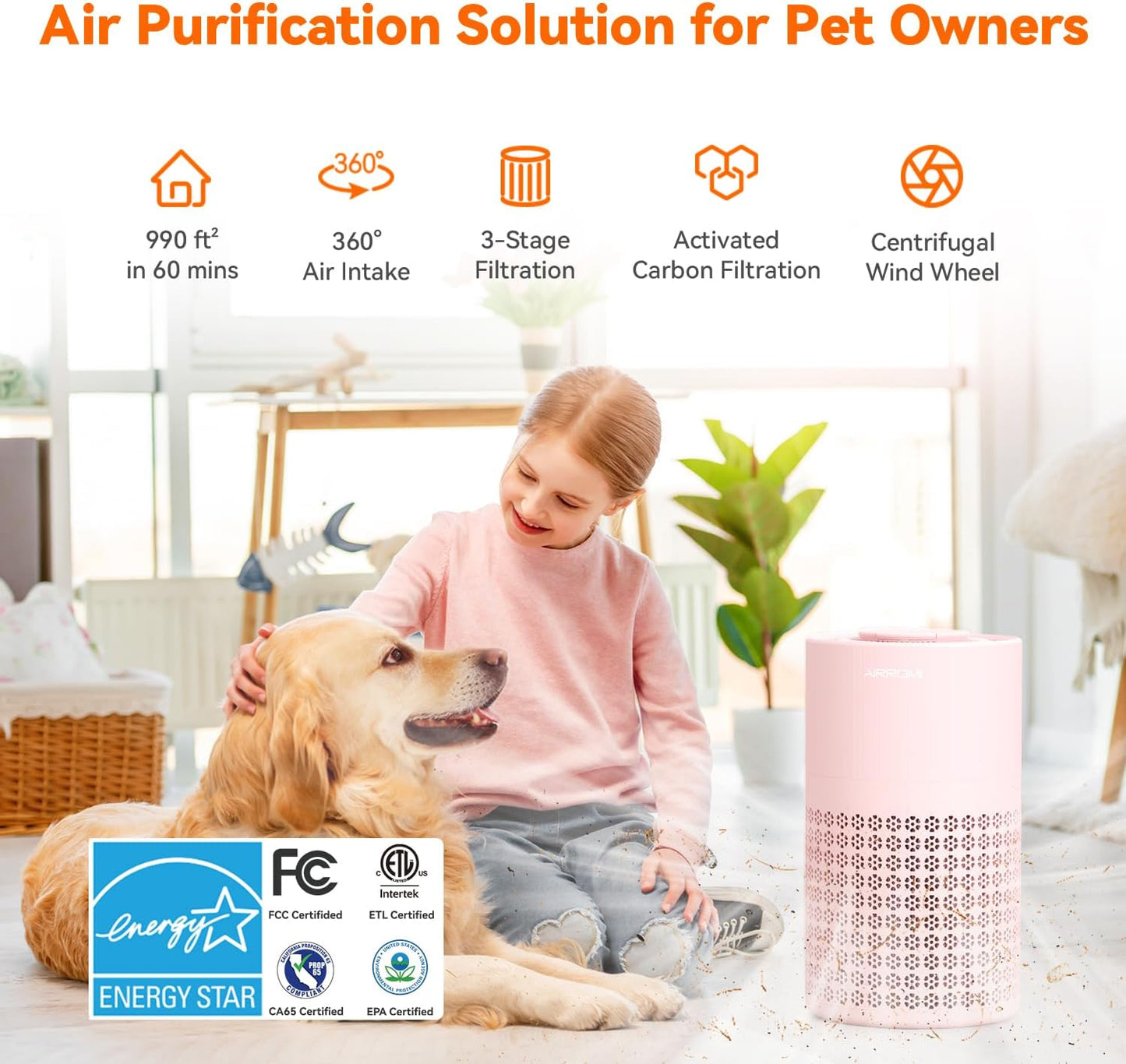AIRROMI Air Purifier for Bedroom with HEPA 3-in-1 Filter, Pet Air Purifier for Home Cat Pee Smell, Covers Upto 990 Ft², Quiet 360° intake Air Cleaner for pet hair,allergies,Dust,Smoke A2001 Pink
