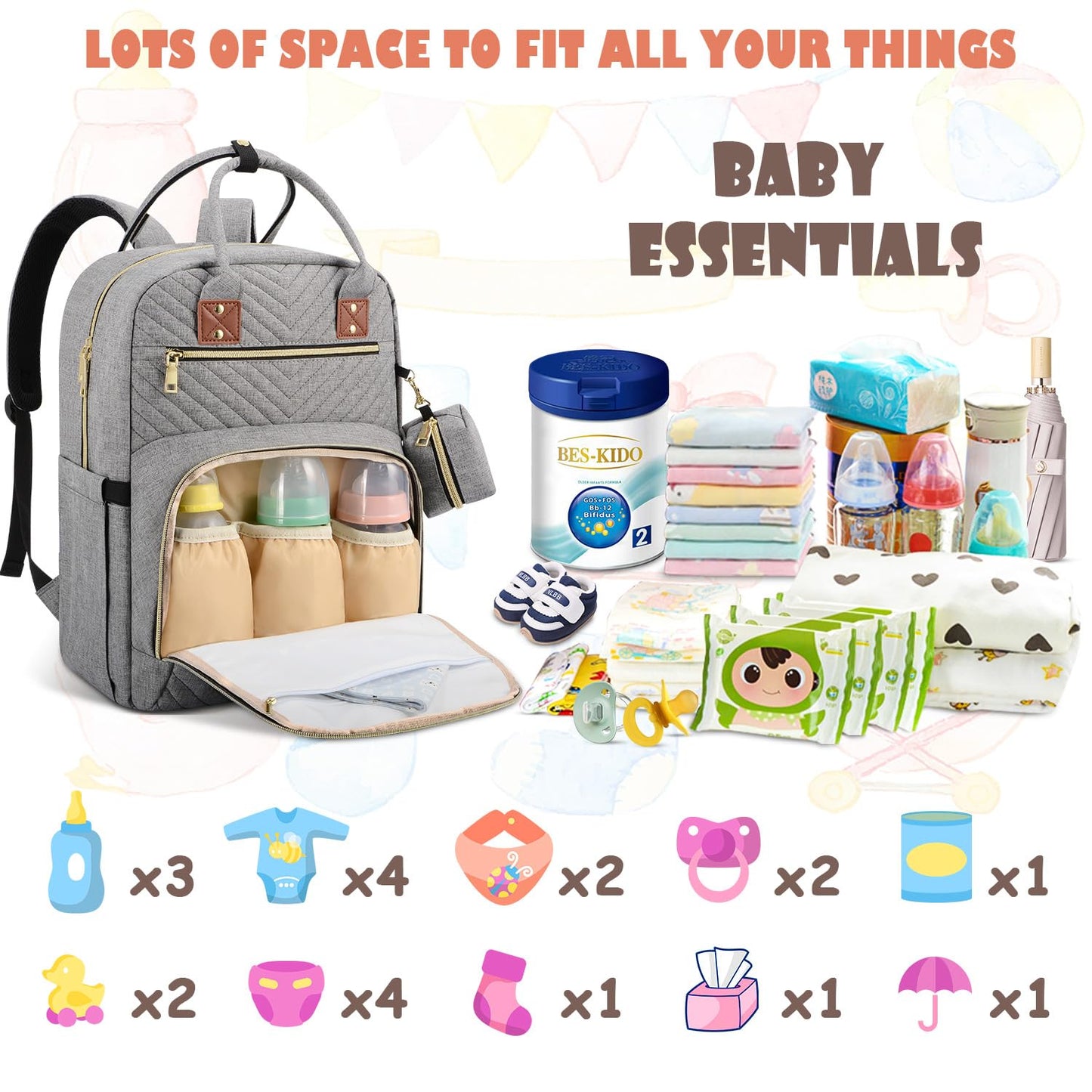 Baby Diaper Bag Backpack, Travel Diaper Bags for Baby Girl Boy Large Capacity Baby Bag Backpack for Women Grey