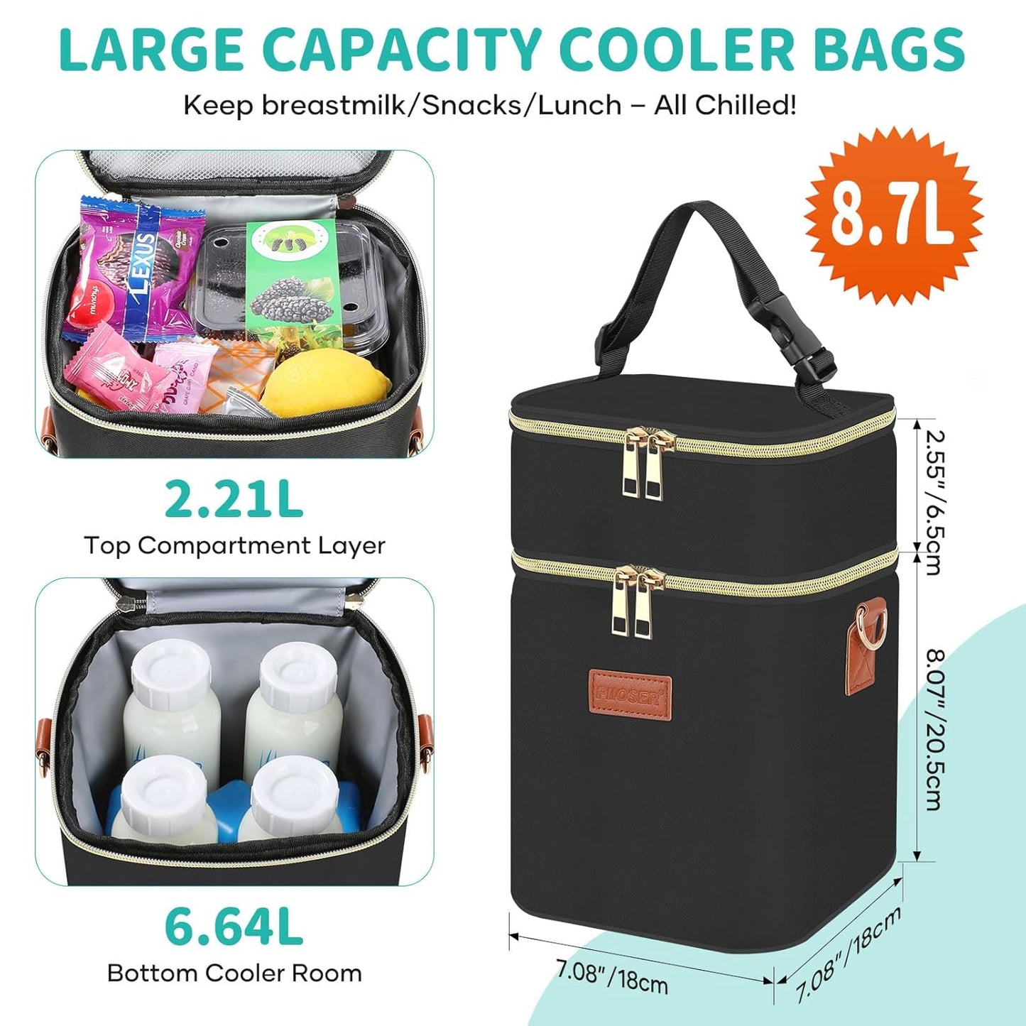 PIIOSER Baby Bottle Tote Bag with Ice Pack, Fits 4 Baby Bottles Up to 9 Ounce, Small Insulated Breastmilk Cooler Travel Bag with Shoulder Strap for Nursing & Working Mom Daycare (Black-S)