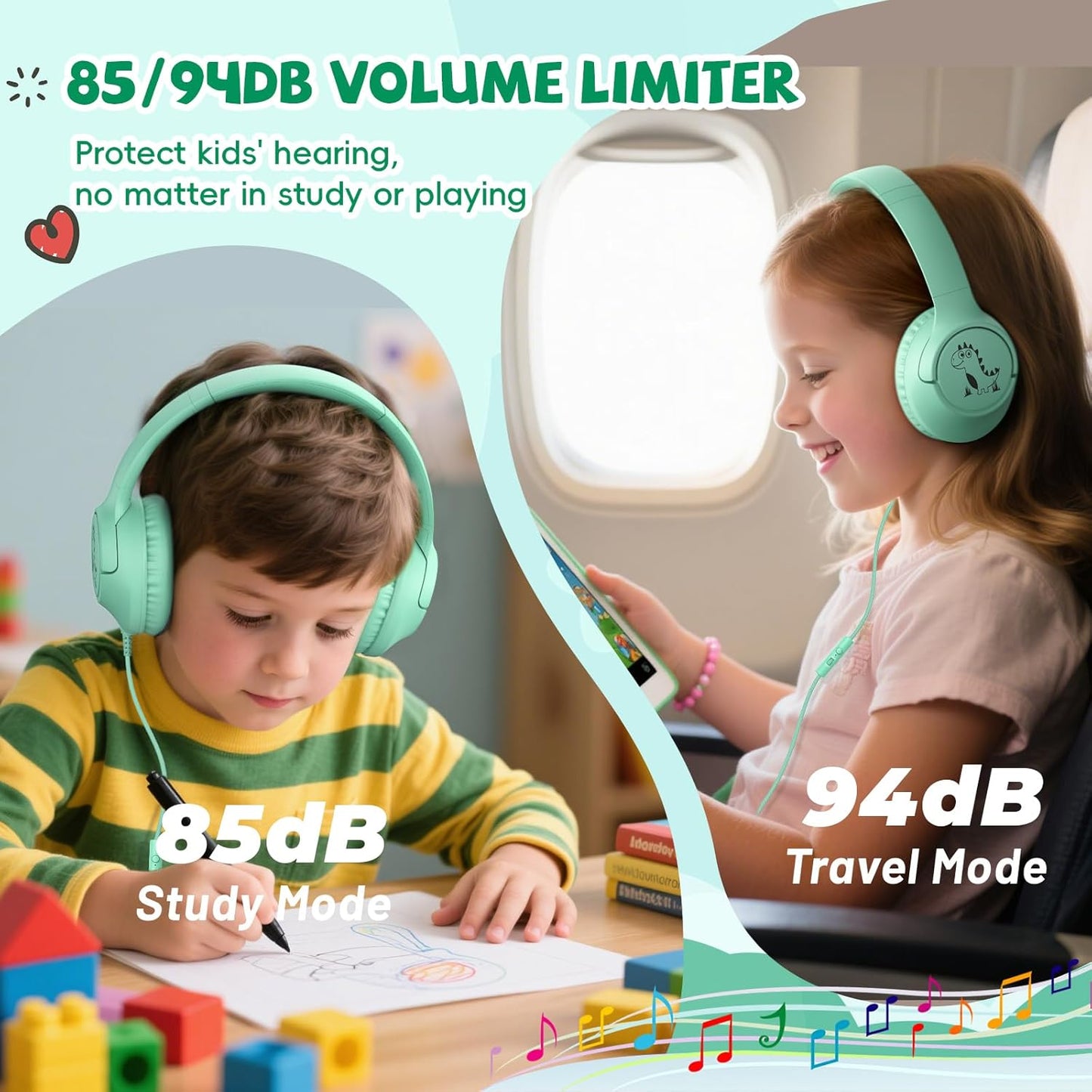 Kids Headphones Wired for School, 85/94dB Volume Limit Toddler Headphones with Microphone, Wired Cute Dinosaur for Boys Girls, Stereo Sound 3.5mm Plug for Kindle Tablet School, Green