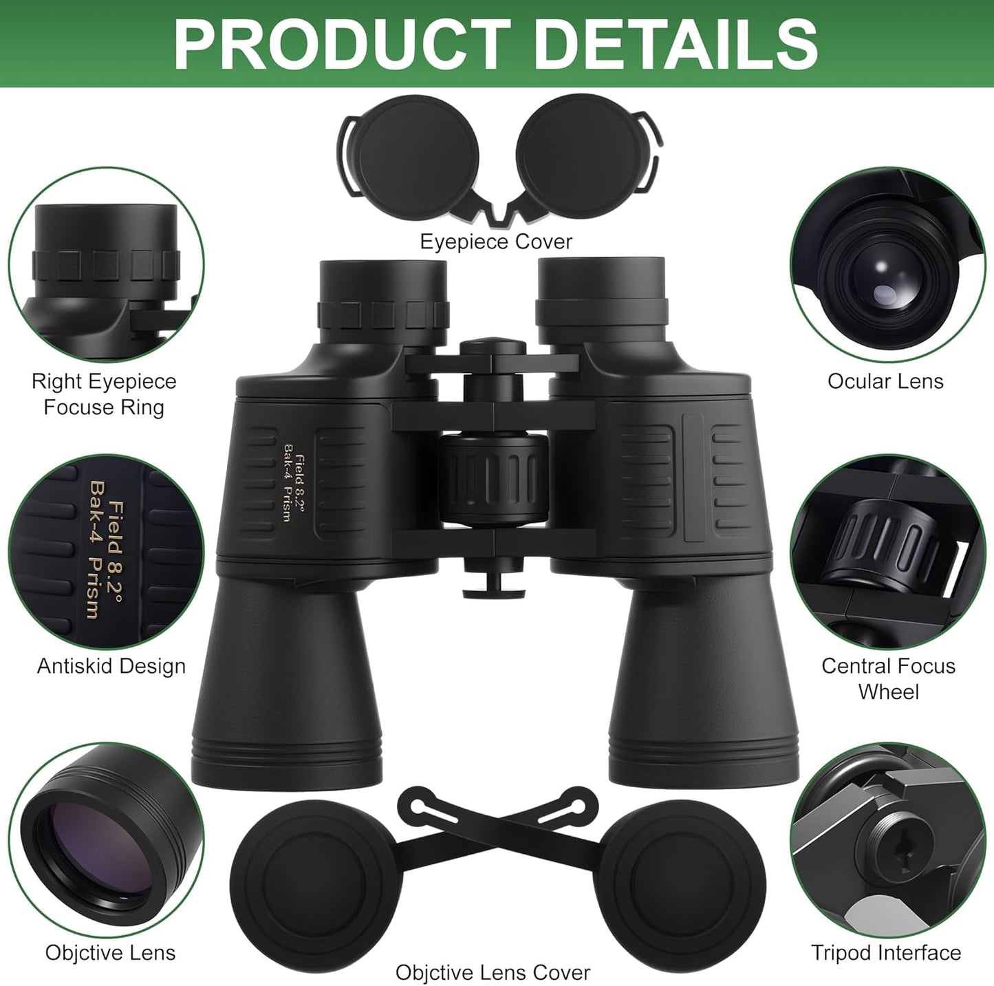 20 x 50 High Powered Binoculars for Adults, Large View Binocular Waterproof Compact Binoculars with Low Light Vision for Bird Watching Sightseeing Wildlife Watching Traveling Stargazing (Black)