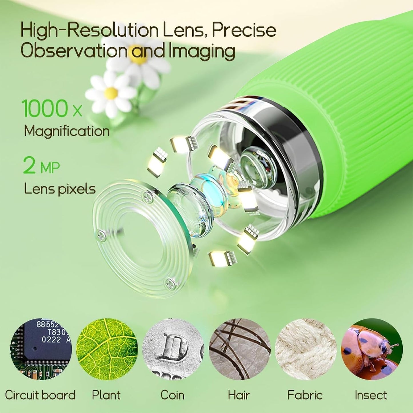 Kids Microscope Pocket Microscope -1000X Portable Microscope for Kid | Photo and Video Mini Microscopes | 2'' Digital Little Scientist Microscopes for 3-10 Age Years Old Boys Girls Toys Gifts (Green)