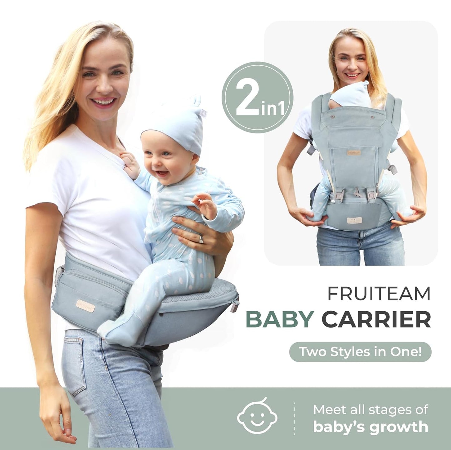 FRUITEAM 6-in-1 Baby Carrier with Waist Stool/Hip Seat for Breastfeeding, One Size Fits All - Adapt to Newborn, Infant & Toddler (Blue)