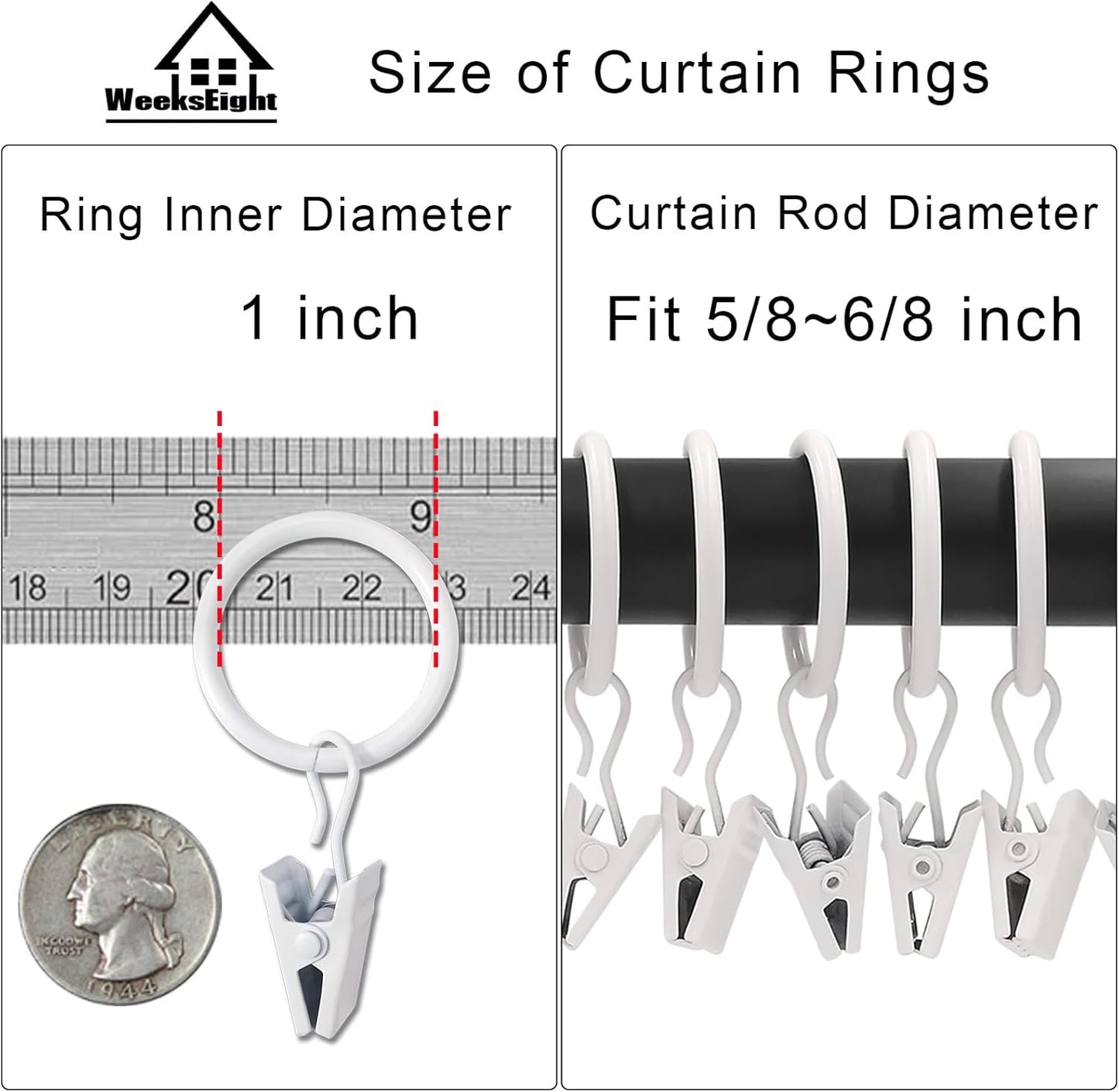 44 Pack White Curtain Rings with Clips, Curtain Hooks Hangers Clip Rings for Hanging Drapes Bows Hat, Drapery Rings 1 in I D, Fits up to 5/8 in Diameter Curtain Rod.