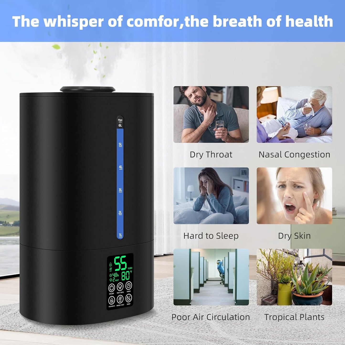6L Humidifiers for Bedroom Large Room Home, Cool and Warm Humidifier for Plants Mist Top Fill Desk Humidifier Essential Oil Diffuser, Quiet Humidifiers with Adjustable Mist,360°Nozzle-Black
