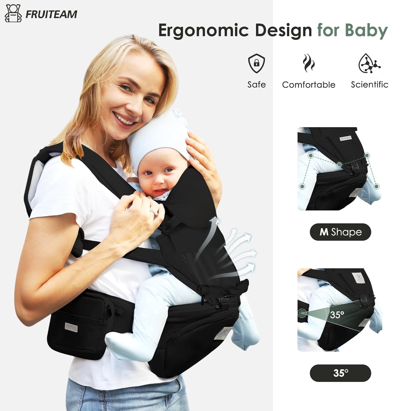 FRUITEAM Baby Carrier Newborn to Toddler, Safety-Certified Waist Stool with Hip Seat, Ergonomic 6-in-1 Baby Carrier with Head Support, Adjustable & Removable Baby Holder for All Seasons, Black