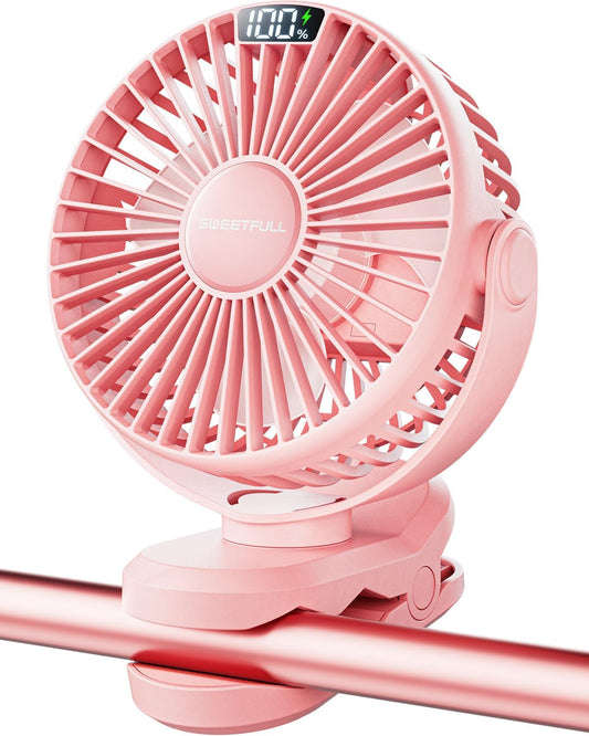 SWEETFULL Portable Clip on Fan - Battery Operated Stroller Fan, 4000mAh Small Rechargeable Fans with LED Display, 4 Speeds, Mini Personal Cooling Desk Cooler for Golf Cart Travel Camping Gym (Pink)