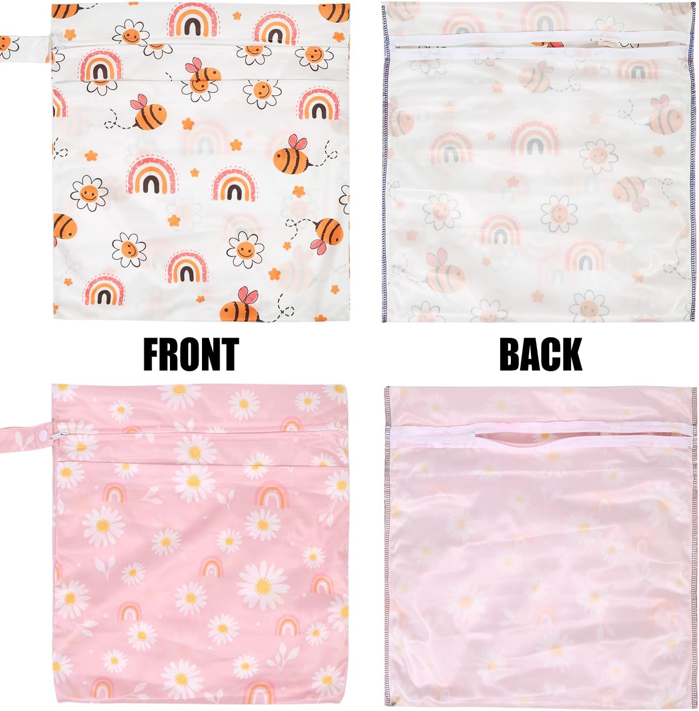 2pcs Cloth Diaper Wet Dry Bags, Waterproof Reusable Wet Bag with 2 Zipper Pockets & Handle, Washable Laundry Bags for Baby Adult Clothes Travel Beach Pool Daycare Yoga Gym Exercise Swimsuits,