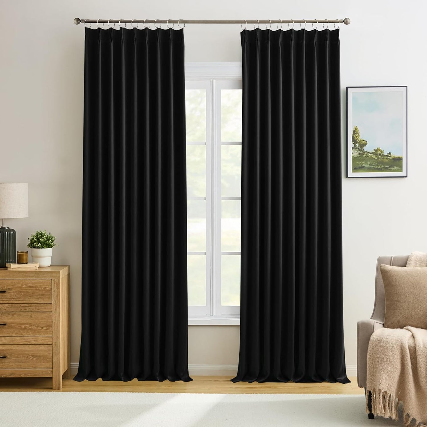 KEQIAOSUOCAI Black Pinch Pleated 60 Inch Wide Curtains 60 x 102, Thermal Insulated Noise Cancelling Living Room Office Drapes 102 Inches Long, Patio Sliding Glass Door Window Curtain 2 Panels