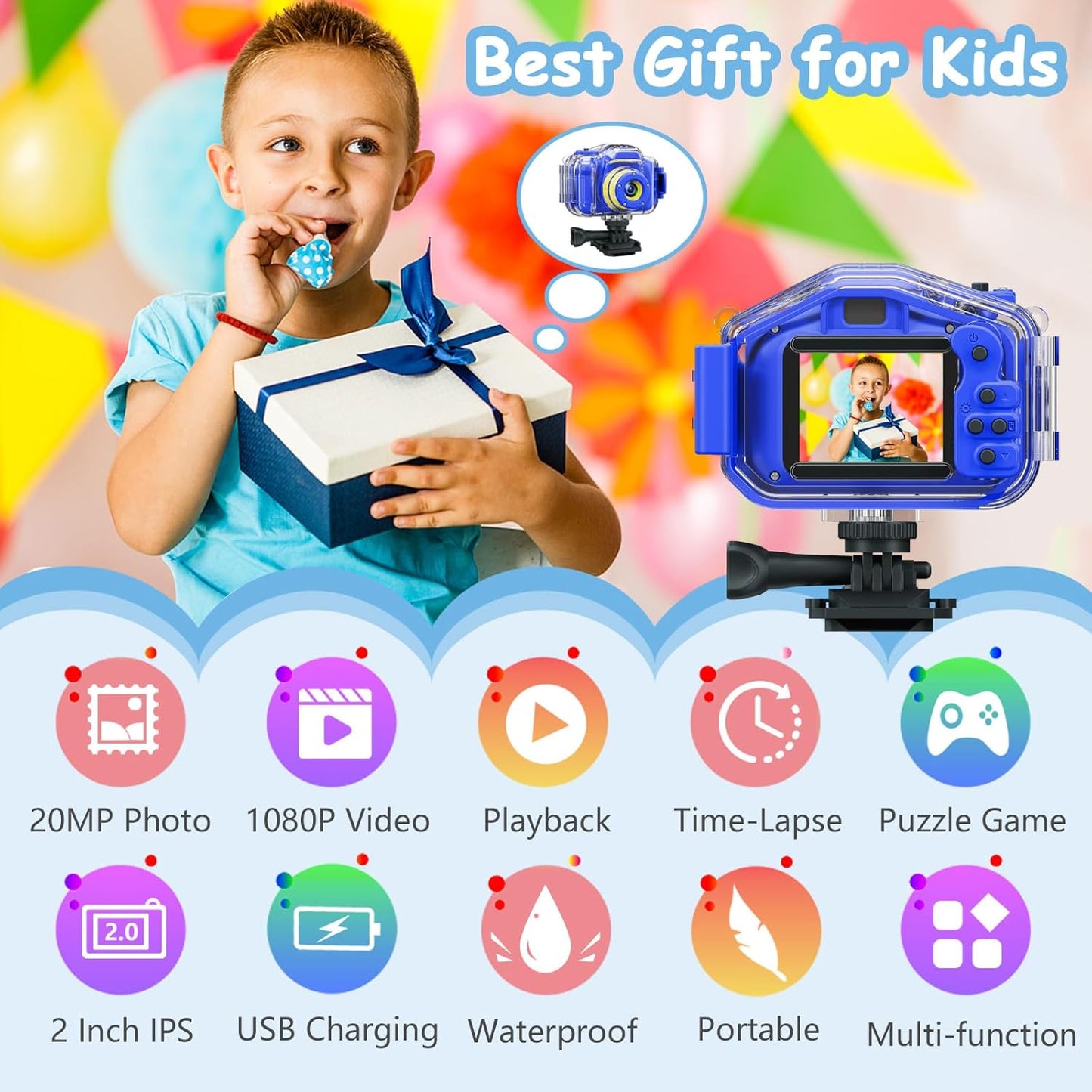 Agoigo Kids Waterproof Camera - Children Underwater HD Video Digital Camcorder, Portable Travel Toy for Toddler - Ideal Christmas Birthday Gifts for Boys Girls Age 3-12 with 32GB Card (Dark Blue)