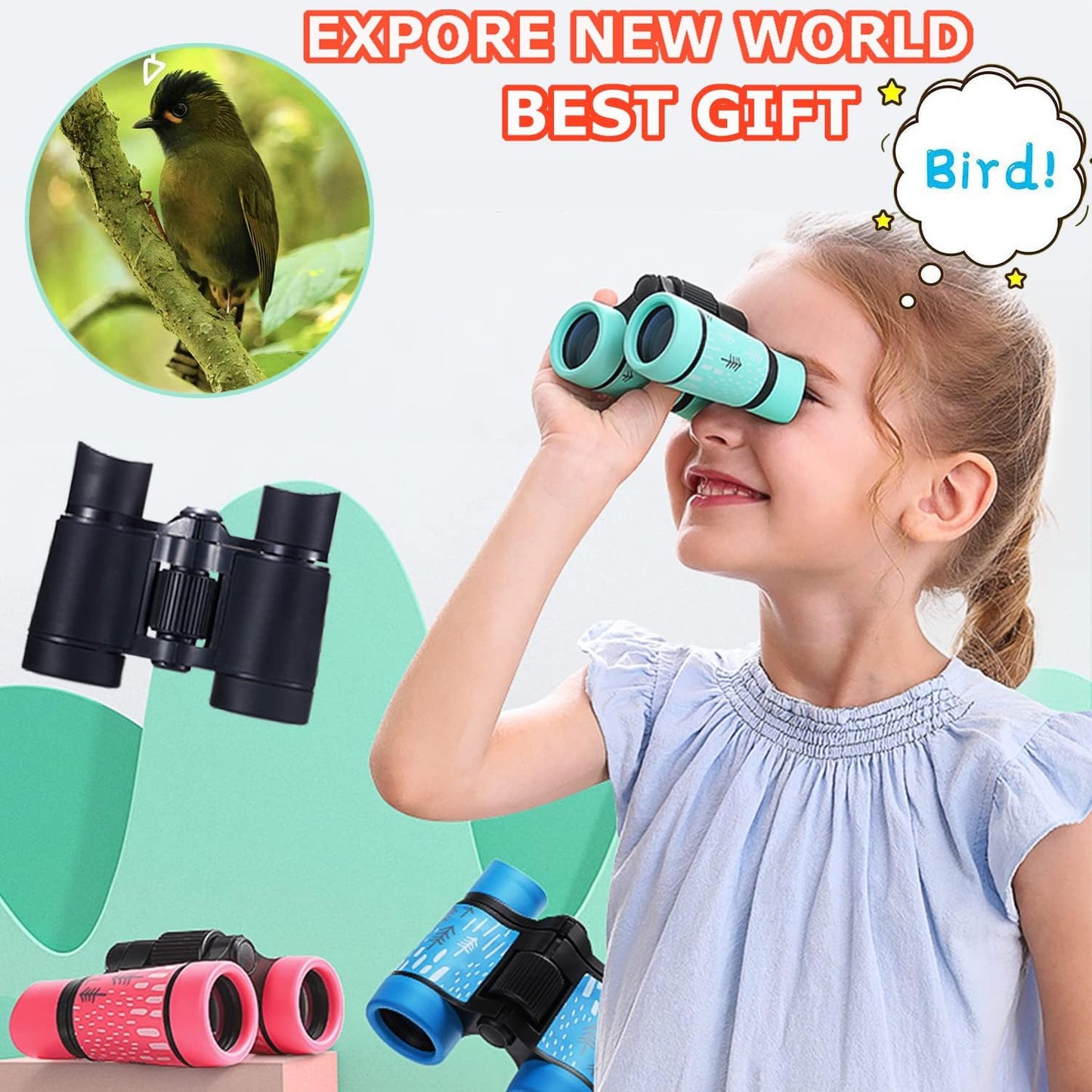 Kids Binoculars Best Gifts for 3-12 Years Boys Girls High-Resolution Optics Shockproof Mini Compact Binocuolar Toys Folding Small Telescope for Bird Watching Camping Outdoor Play