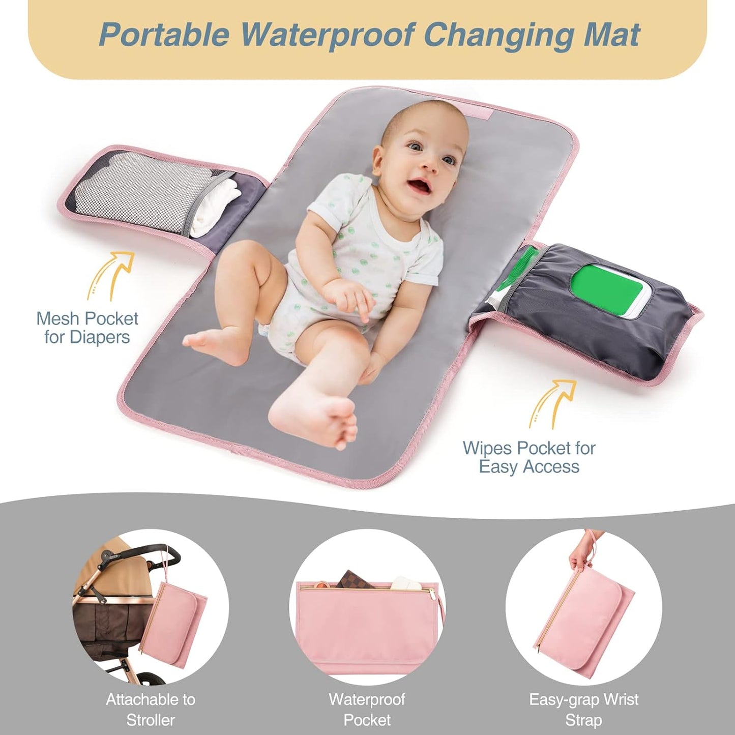 MOMUVO Diaper Bag Backpack, Quilted Baby Bag with Changing Pad & Stroller Straps & Pacifier Case, Large Travel Diaper Bags for Mom Dad, Pink