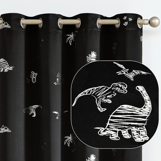 Vangao Kids Curtains Black Blackout Dinosaur Curtains for Boys Kids Nursery Girls Room Silver Dino Foil Print Thermal Insulated Drapes Grommet Top Window Treatments 63 Inches Length 2 Panels