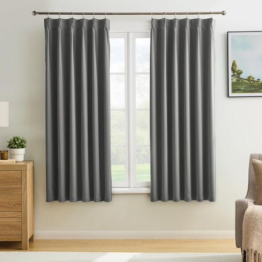 KEQIAOSUOCAI Blackout Bedroom Curtains 63 Inches Long, Thermal Insulated Short Pinch Pleated Vertical Drapes for 62 Inch Home Office/Bay Windows/Basement(Grey,40"x63"x2 Panels)