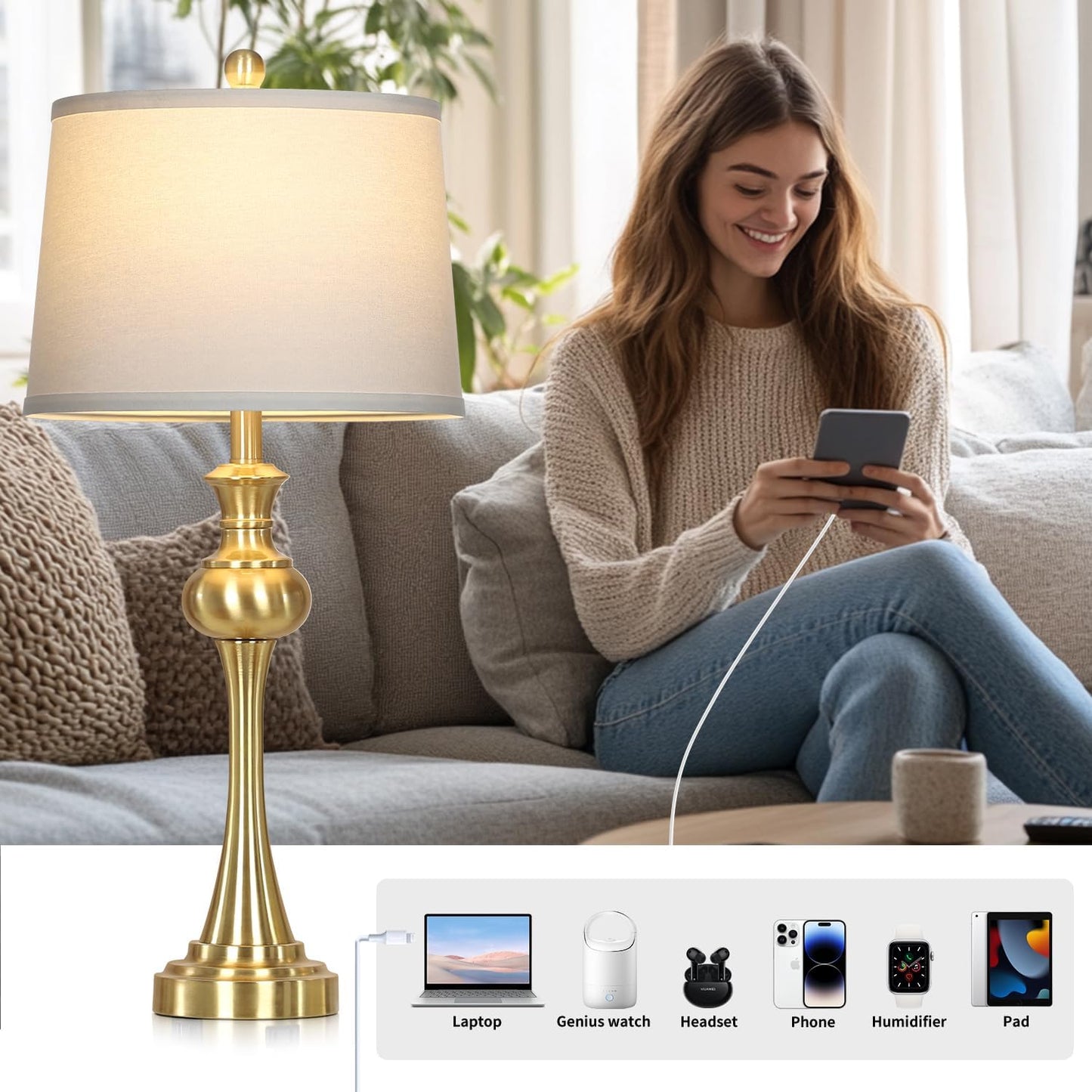 28.75'' Gold Table Lamps for Living Room, 3 Way Touch Control Bedside Lamps with USB A+C Ports & AC Outlets, Modern Metal Nightstand Lamps for Bedroom Living Room Office End Table（Bulb Included）