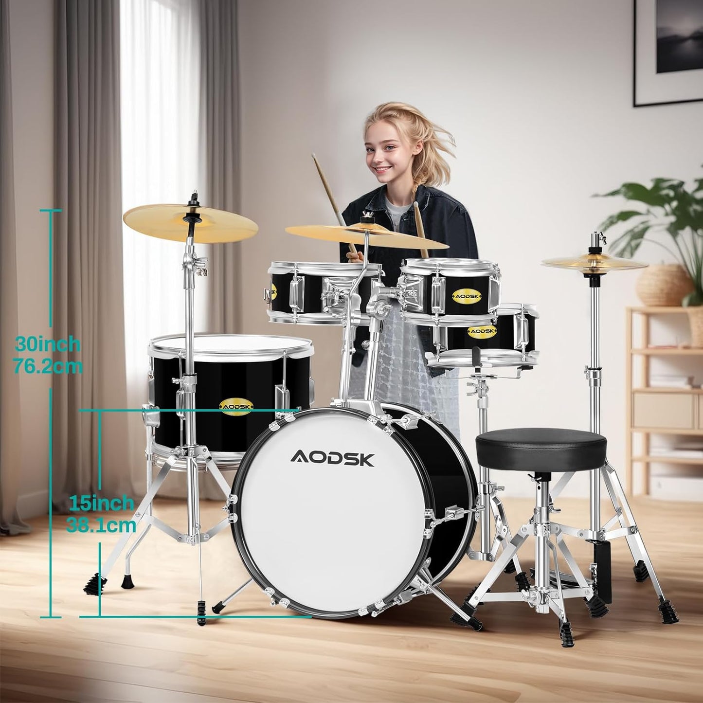 AODSK Kid Drum Sets 5-Piece for Beginners, 14 inch Full Size Complete Drum Kit with Adjustable Throne, Cymbal, Hi-Hat, Pedal & Drumstick, Black