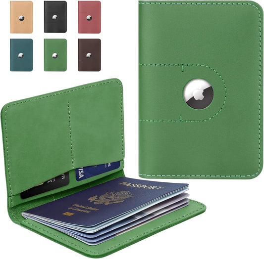 ALLIVE Genuine Leather Passport Holder With Airtag for Women Men - Travel Must-Haves, Airport Essentials, Passport Cover Gift - Green