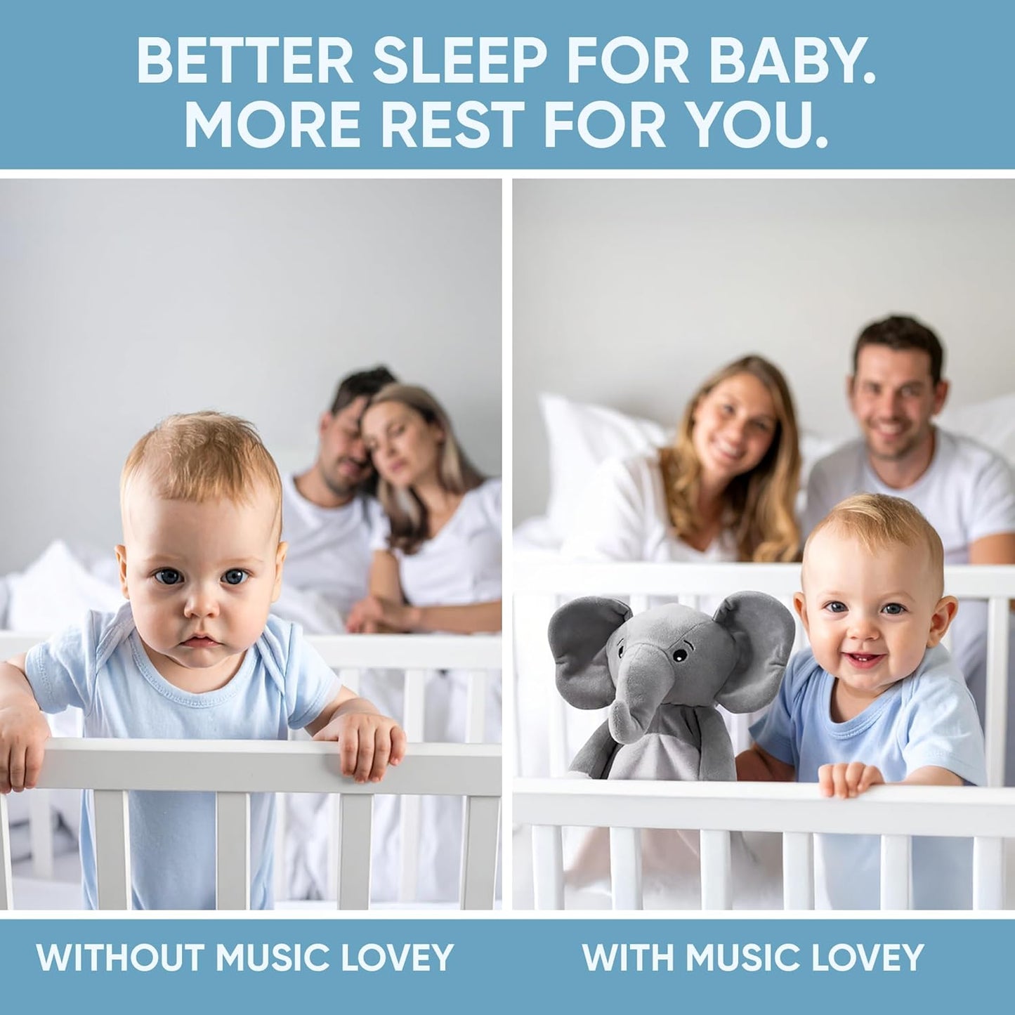 Love By Emi Baby Music Lovey Grey Elephant, Baby Sleep Soother for Crib & Cuddle Bedtime, White Noise with a Heartbeat & Lullaby, Plush Sound Toy, Stuffed Animal for Newborns, Infants & Toddlers