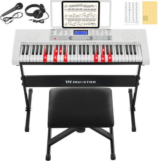 61 Key Piano Keyboard, Electric Keyboard Piano with Light-Up Keys, 255 Tones/Rhythms, Smart Learning System, Headphone, Microphone, Keyboard Stand, Stool, Stickers, Piano Keyboard Set for Beginners