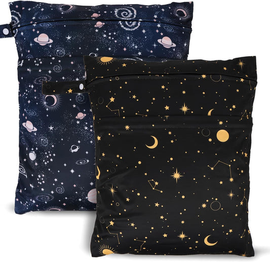 2pcs Travel Waterproof Laundry Bag, Cloth Diaper Wet Dry Bags with Handle & 2 Zipper Pockets, Reusable Washable Dirty Clothes Bag for Baby Adult Travelling Hanging, Bathing Beach Pool Daycare