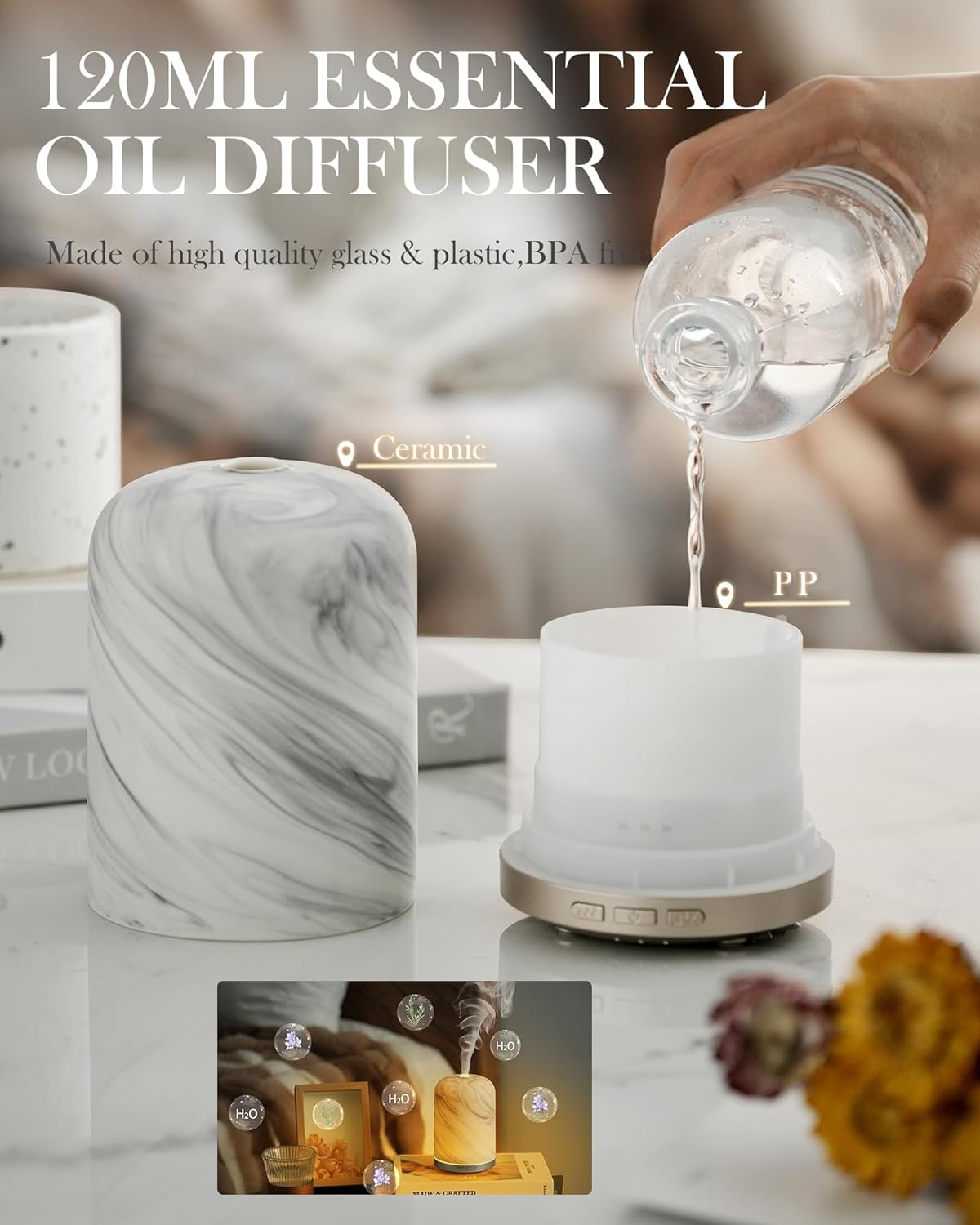 Aromatherapy Diffuser – Ultrasonic Essential Oil Diffuser, Health Night Light, Timer & Auto Shut-Off, BPA-Free, 120ml Diffusers for Home, Office, or Spa