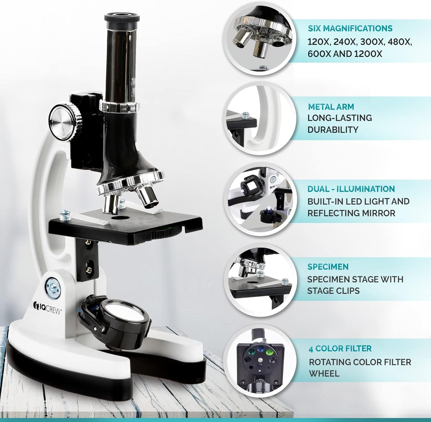 AMSCOPE-Kids 120X-1200X White Metal Arm Starter Kids Student Microscope Kit with Water Purification Activity Kit and Experiment Cards - M30-ABS-KT2-W-KVB1