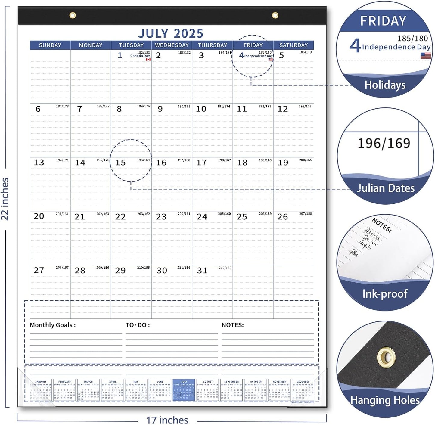Ospelelf Large Wall Calendar 2025-2026 Calendar 22'' x 17'' Monthly Desk Calendar 18 Month Family Calendar, Use July 2025 - Dec 2026, Blue