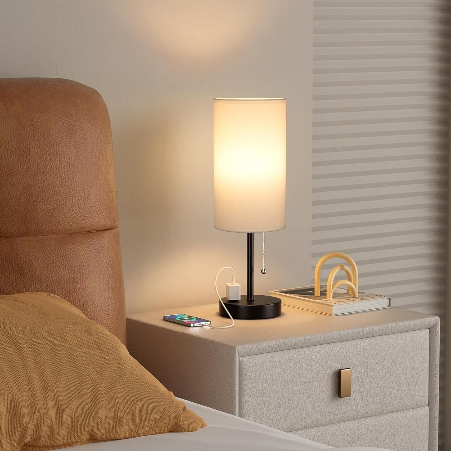 17.4Inches White Bedside Lamp for Bedroom Nightstand - Tall Lamp with USB A + C Charging Port & AC Outlet, 3 Color Temperatures Pull Chain, Side Desk Reading Light for Living Room