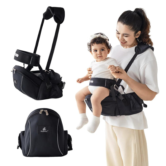 Ergonomic Baby Hip Carrier-Baby Waist Stool with Adjustable Strap and Chest Harness Huge Storage Enhanced Lumbar, Carrier for Newborn to Toddler Black