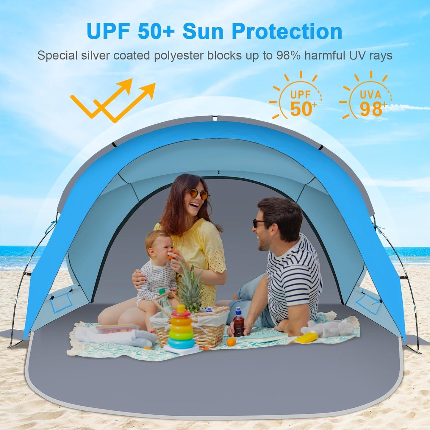 Gorich Beach Tent Sun Shelter with UPF50+ UV Protection for 3/4-5/6-7 Person, Lightweight & Portable Beach Shade Canopy with 2 Zippered Doors, Easy Setup Family Beach Umbrella