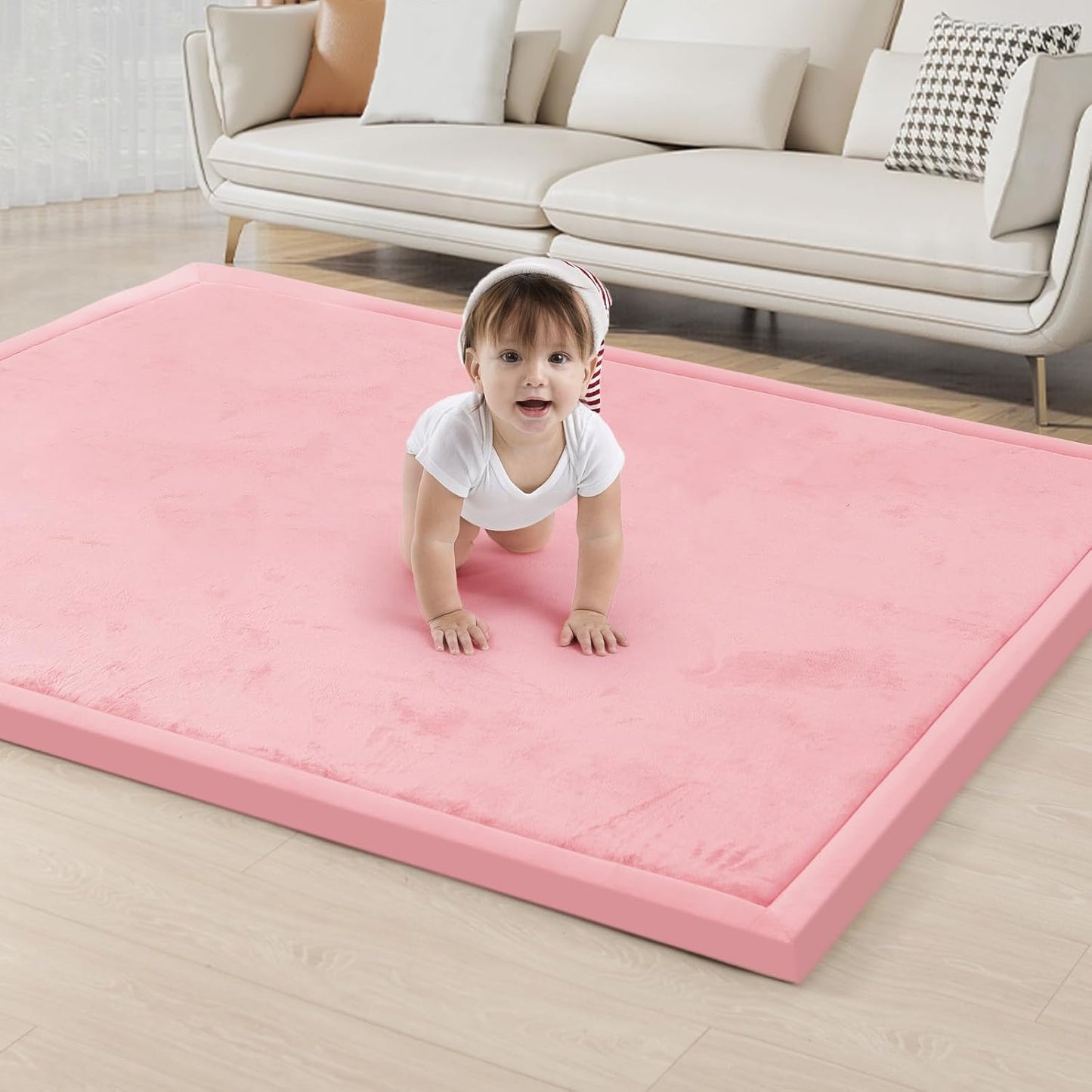 ACOMOPACK Baby Play Mat for Floor 1.3" Thick Memory Foam Play Mat 79"×157" Tummy Time Crawling with Non-Slip Bottom for Living Room,Nursery,Soft Velvet Playpen Mats for Kids,Infants（Pink）