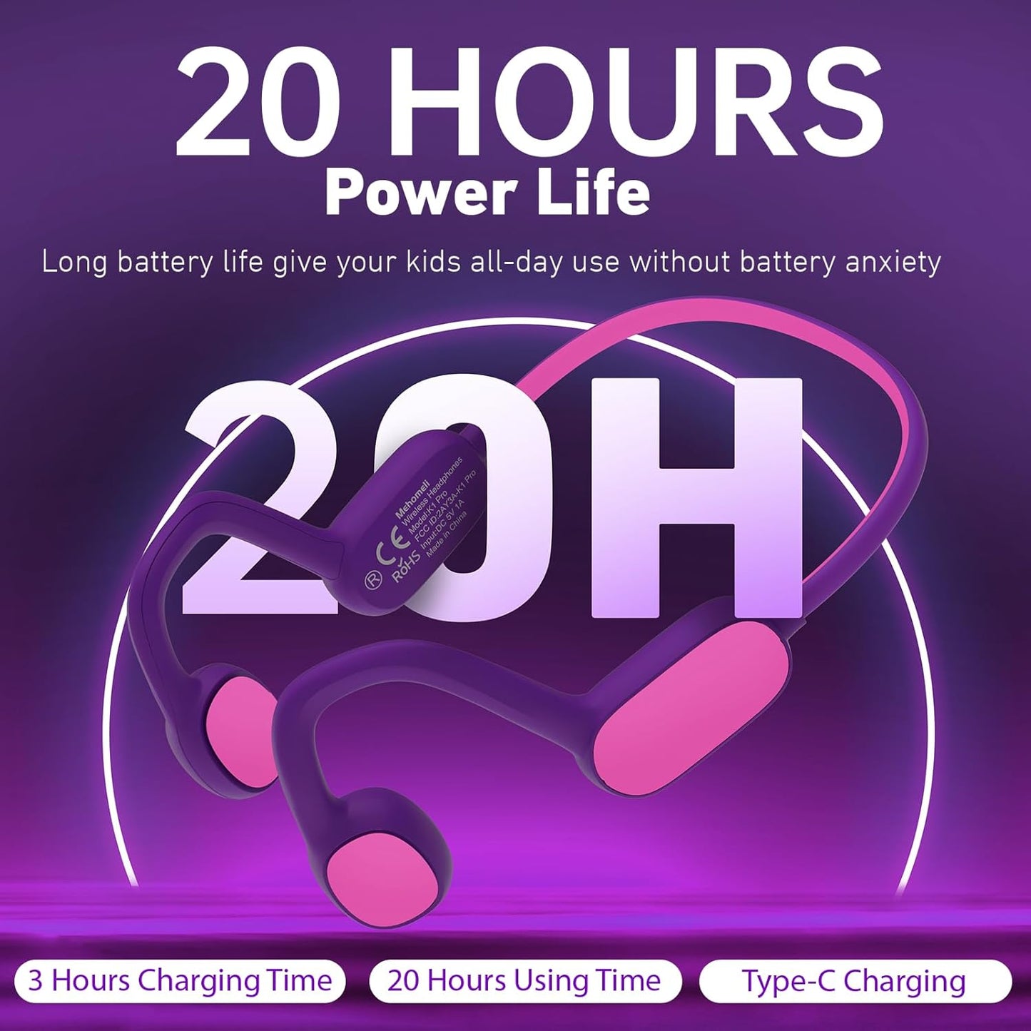 Kids Headphones, Bluetooth 5.2 Air Conduction Open Ear Headphones, 85dB Volume Limiting, Stereo Sound with Mic, IPX5 Waterproof, 20H Playtime, Perfect for School and Outdoor Activities-Purple