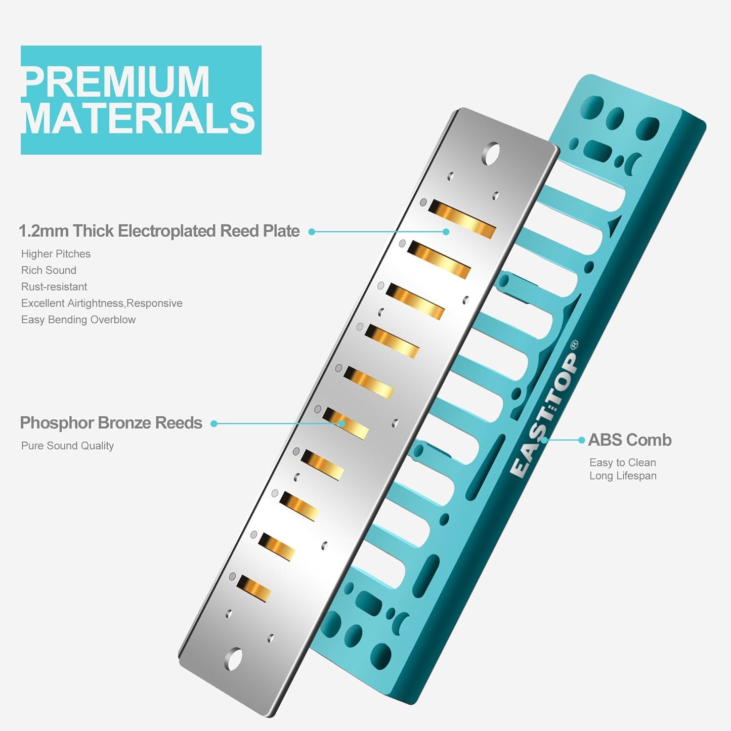 East top Harmonica, Advanced Diatonic Harmonica Key of G, 10 Holes Blues Harp Mouth Organ Harmonica with Silver Cover, Blues Harmonicas For Adults, Professionals and Students