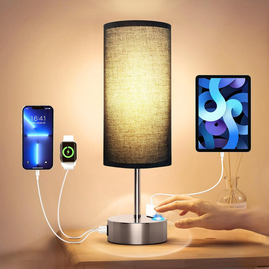 KPQ Small Bedside Lamp Touch Control Table Lamp with USB A+C Charging Ports & AC Outlet 3-Way Dimmable Nightstand Lamp with Linen Fabric Shade for Bedroom Living Room