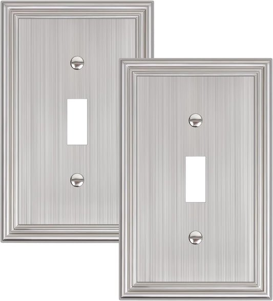 2-Pack Single Toggle Light Switch Cover Plate, Durable Solid Zinc Alloy Decorative Switch Plate Covers, Brushed Nickel 1 Gang Wall Plate, Corrosion Resistant