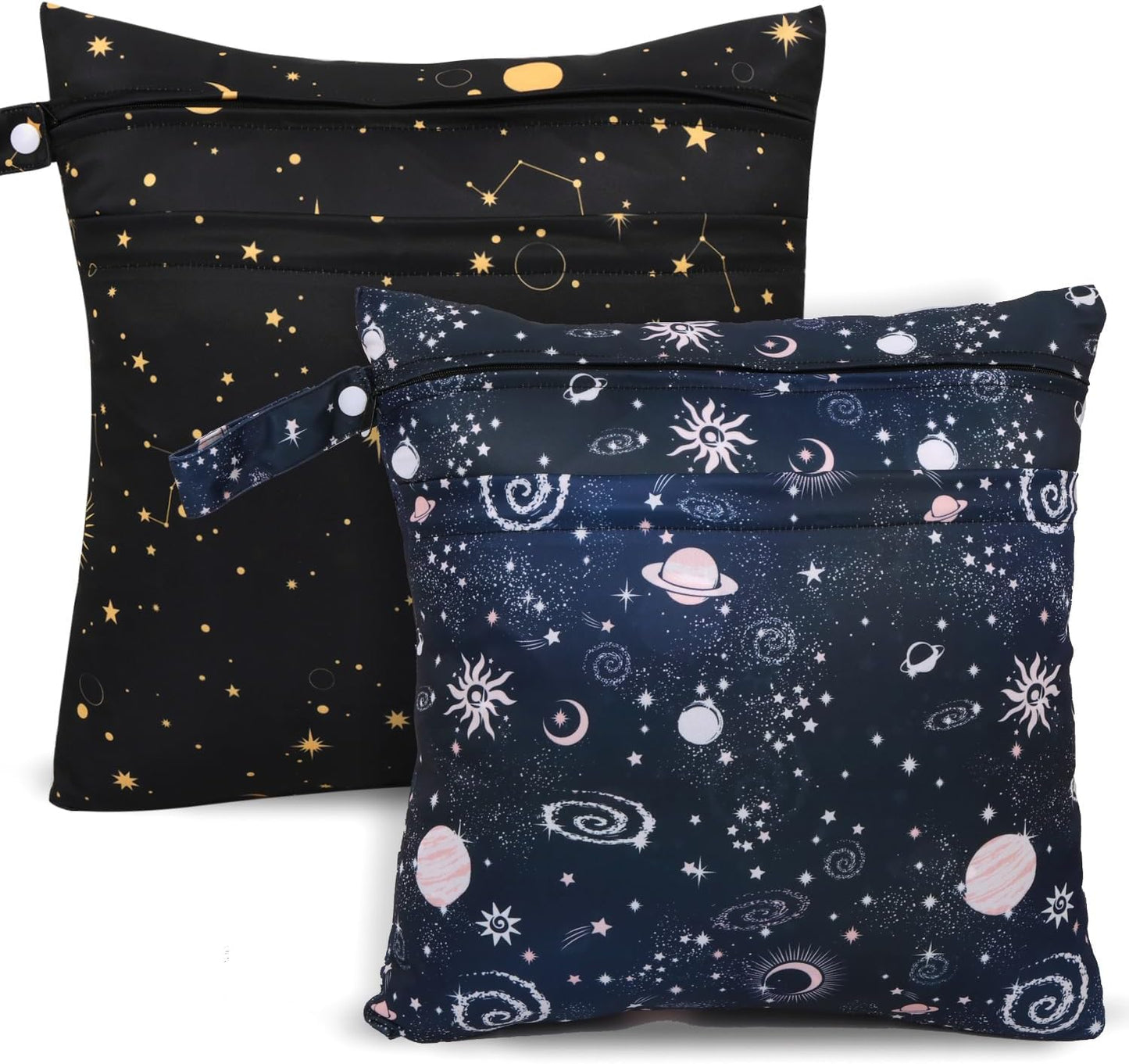 2pcs Cloth Diaper Wet Dry Bags, Waterproof Reusable Wet Bag with 2 Zipper Pockets & Handle, Washable Laundry Bags for Baby Adult Clothes Travel Beach Pool Daycare Yoga Gym Exercise Swimsuits,